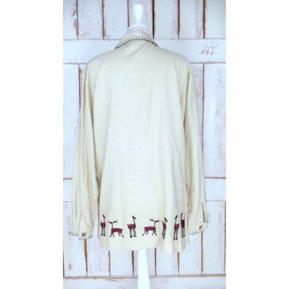 Vintage tan linen embroidered llama deer tunic button down top - Picture 4 of 5